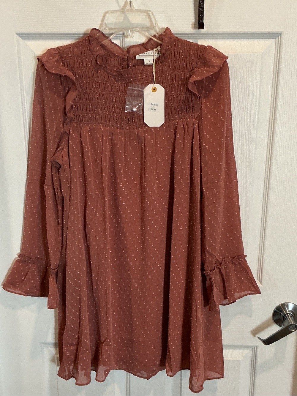 Love Riche Dusty Rose Ruffle Smocked Neck Dress NWT